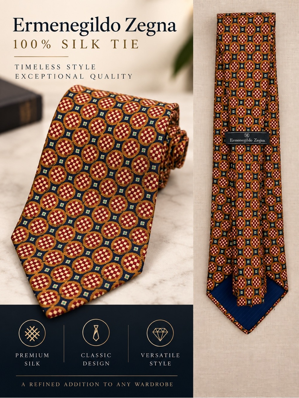 Ermenegildo Zegna Silk Tie in Gold, Red and Navy Geometric Medallion
